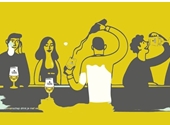 Cartoon van een bar, mensen drinken OMER