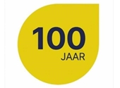 Gestileerd geel bloemblaadje met daarin de vermelding '100 JAAR'