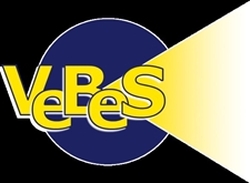 Het logo van VeBeS: een blauwe bol waarop in gele letters de naam 'VeBeS' staat en waaruit een een gele lichtstraal schijnt 