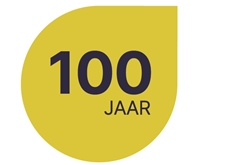 Logo '100 JAAR' - de tekst staat in een gestileerd geel bloemblaadje