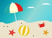 Tekening van strand met parasol, bal en zeesterren